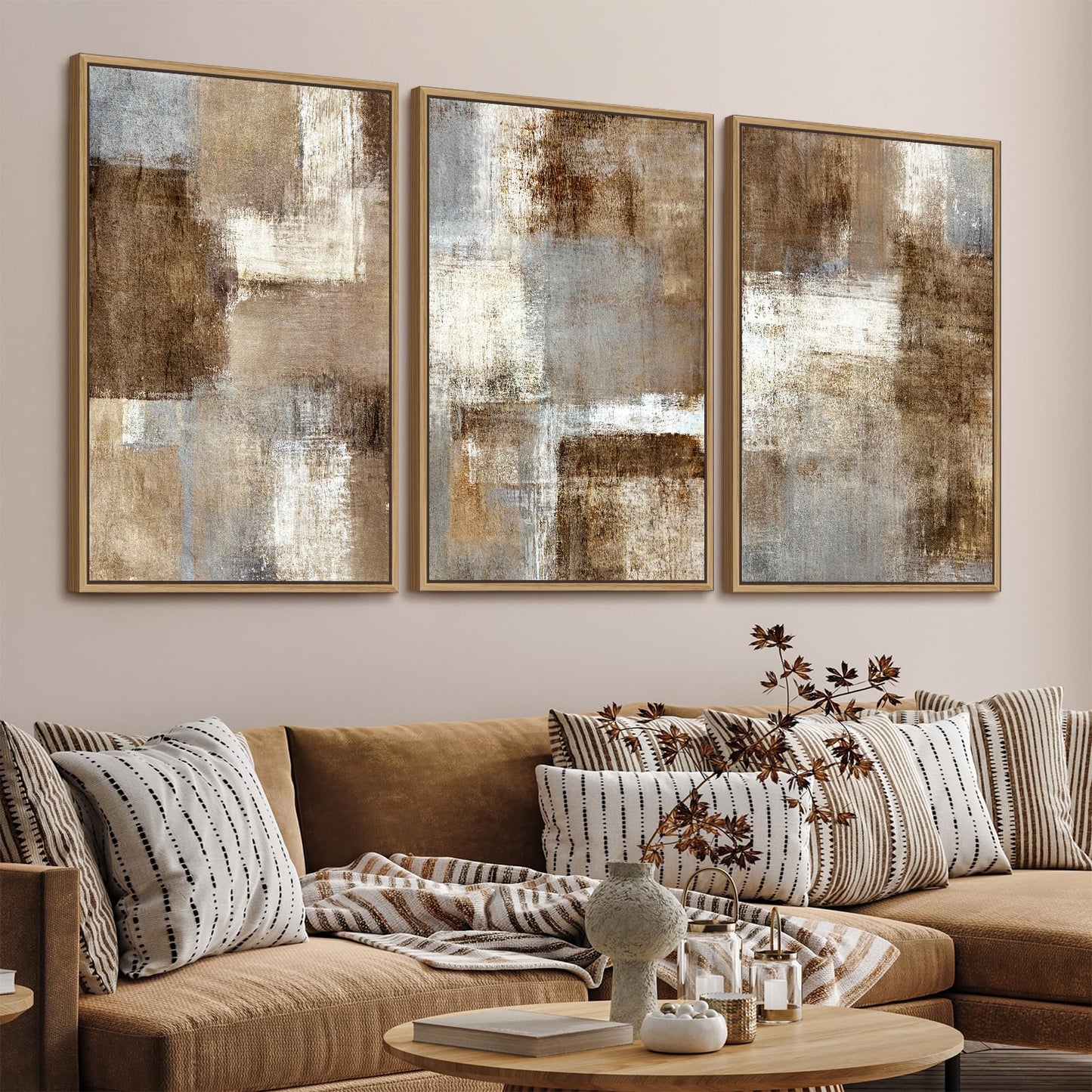 Large Abstract Framed Wall Art - Natural Float Framed Canvas Pictures Wall Art Prints for Living Room Decor Rustic Artwork Brown for Bedroom Kitchen Home Office Decoration 72" X 36" Set of 3