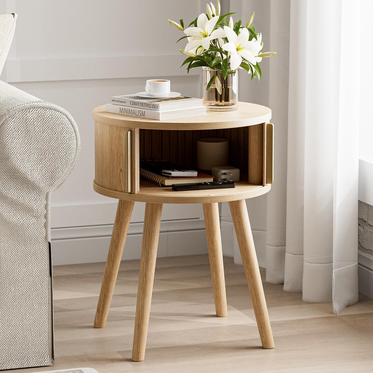 ZttRiee Side Table with Sliding Door & Cabinet, End Table for Living Room, Night Stand for Bedroom, Modern Bedside Table with Solid Wood Legs, Natural