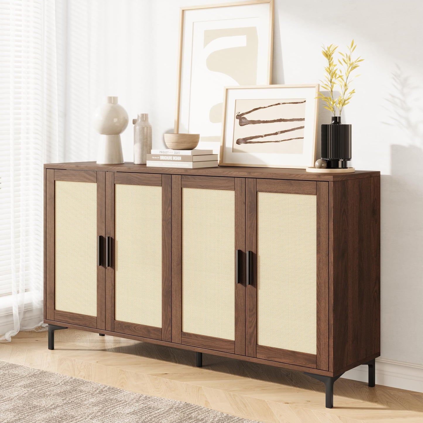 JASIWAY Buffet Cabinet with Storage, 48" Rattan Sideboard with Adjustable Shelves, Modern Coffee Bar Cabinet Console Table with Doors, Credenza for Kitchen, Living Room, Entryway, Dining Room, Walnut