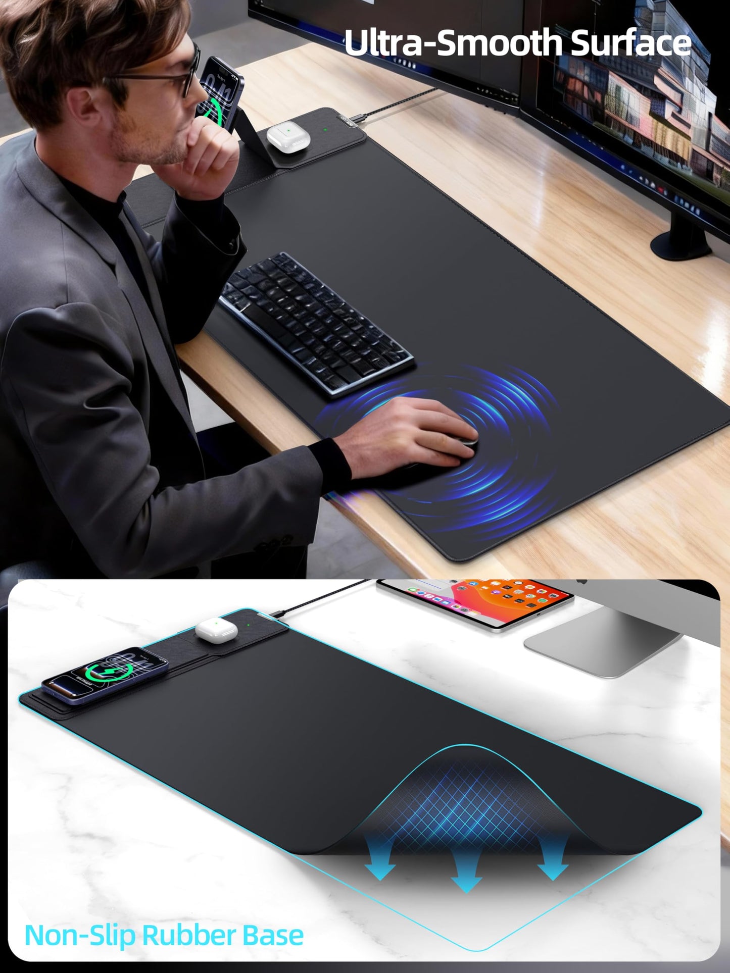 Mouse Pad with Magnetic Wireless Charging & Adjustable Phone Stand, 31.5"x15.8" Extended Desk Mat, Waterproof Ultra-Smooth Keyboard Pad, Non-Slip Base, Black