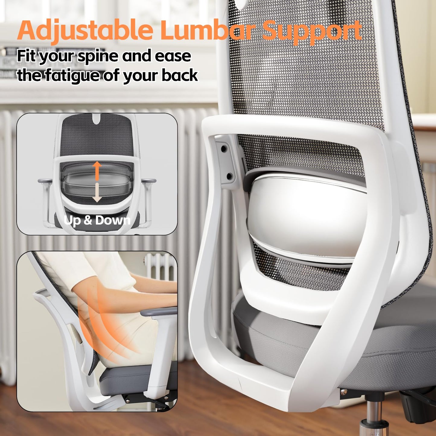 QuelSoft Ergonomic Office Chair, Home Office Desk Chairs, 3D Lumbar Support High Back Desk Chair, Comfortable Computer & Gaming Chair for Office & Home - Silver