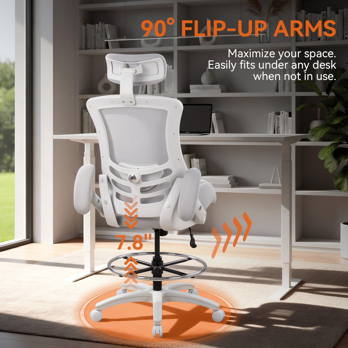 BOLISS Ergonomic Drafting Chair High Back Tall Office Chair for Standing Desk with Double-Layer Seat Cushion, Adjustable Headrest & Lumbar Support, Flip-Up Arms, and Metal Foot Ring (Grey)
