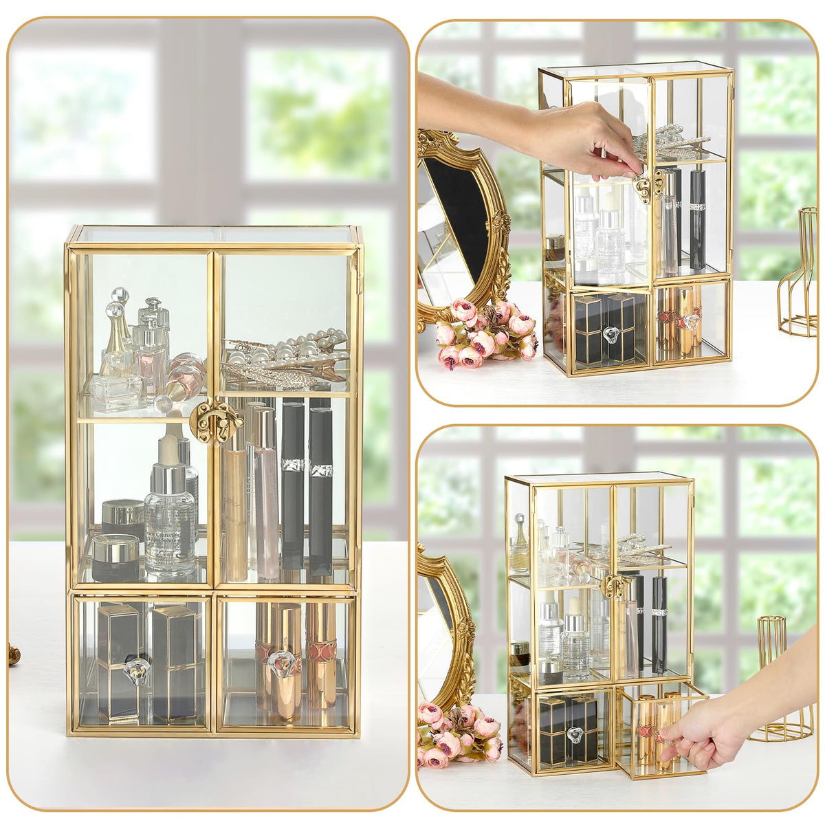 ELLDOO Clear Glass Storage Box with 2 Drawer, Gold Mirrored Jewelry Makeup Display Organizer Case, Decorative Tower Box Storage for Trinket Perfume Lipstick Figure Statue Toy Display