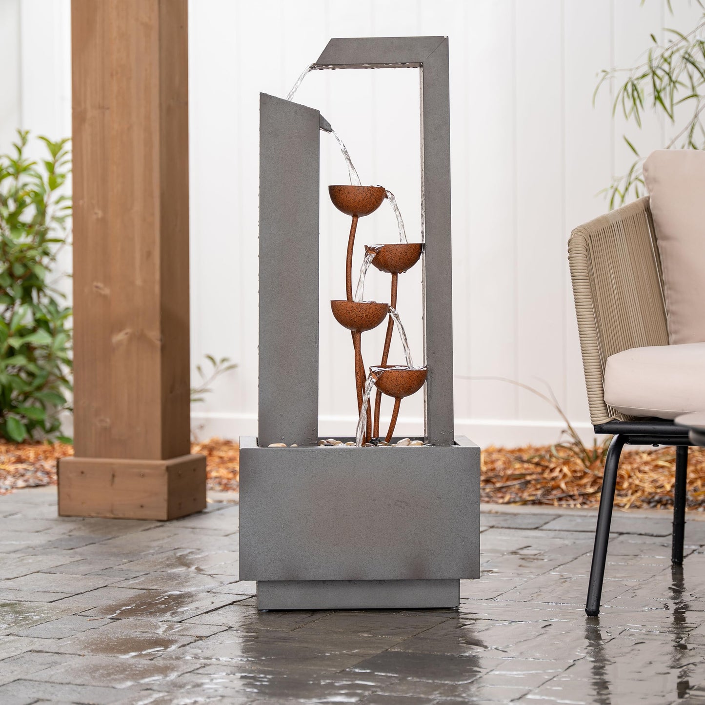 XBrand 38-Inch Freestanding Sculptural Metal Multi-Tier Flower Water Fountain, Gray and Bronze