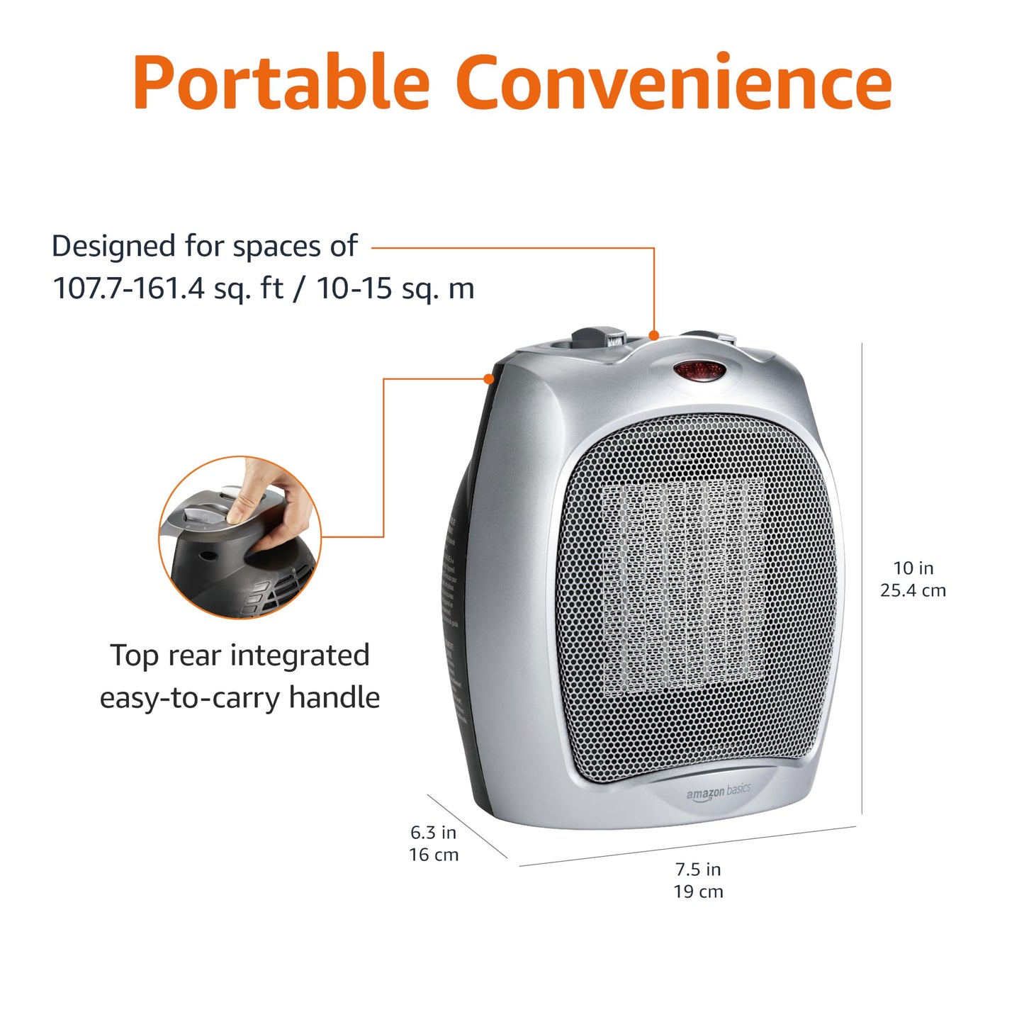 Amazon Basics Ceramic Space Heater, Portable Indoor Heating Solution, With Overheat and Tip-Over Protection, Thermostat, Non-Oscillating, 1500W, Fast Heating, 7.52"D x 6.34"W x 9.45"H, Silver