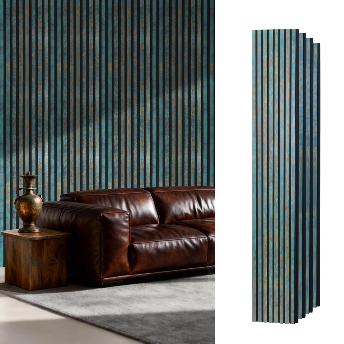 GreenClad Wood Slat Wall Panels for Interior Wall Decor, Acoustic MDF Wall Panels with PET Backing, Easy Install Wall Paneling for Living Room Bedroom Office, Antique Teal Blue Accent (94" x 12.6")