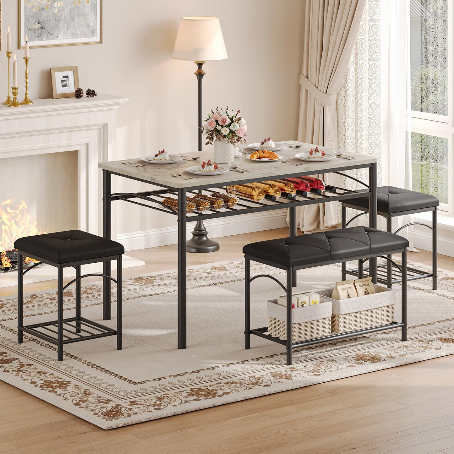 Hetoy Space-Saving 4-Piece Dining Table Set – Modern Table with Upholstered Bench & 2 Stools – Strong Wood & Metal Frame, Storage Shelf, Great for Small Dining Areas – Teak Oak Top + Black Legs