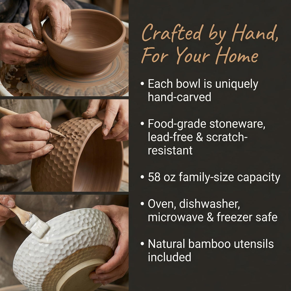 Wgtalation Large Ceramic Dinner Bowl Set - 2-Piece Handmade Salad Bowl Set, 58 oz Each, Dishwasher and Oven Washable, Vanilla White 9.5”