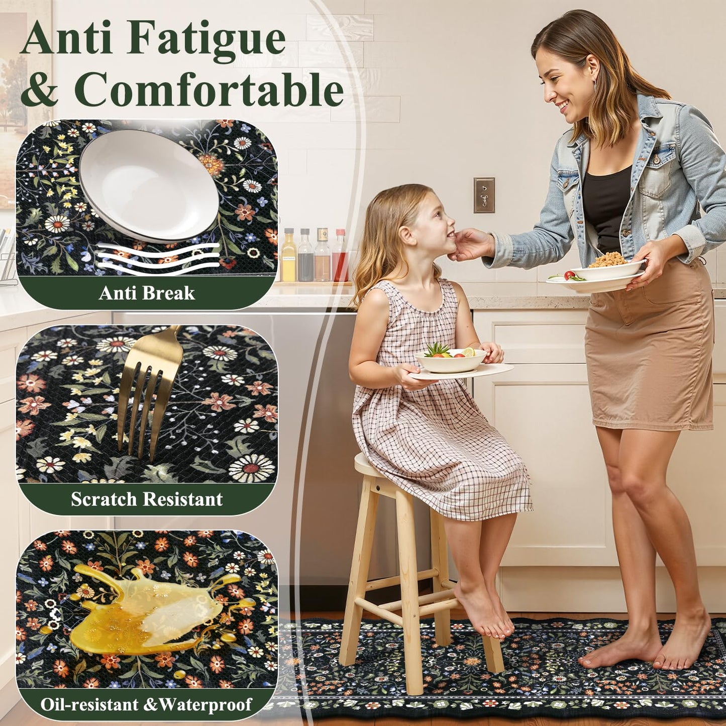 Yamaziot Anti Fatigue Kitchen Rugs Set of 3 - Boho Non Slip Waterproof Kitchen Mats for Floor, Boho Runner Rug for Kitchen Floor, Laundry, Desk, Bar, Office, 17.3"x29"+17.3"x35"+17.3"x47", Black
