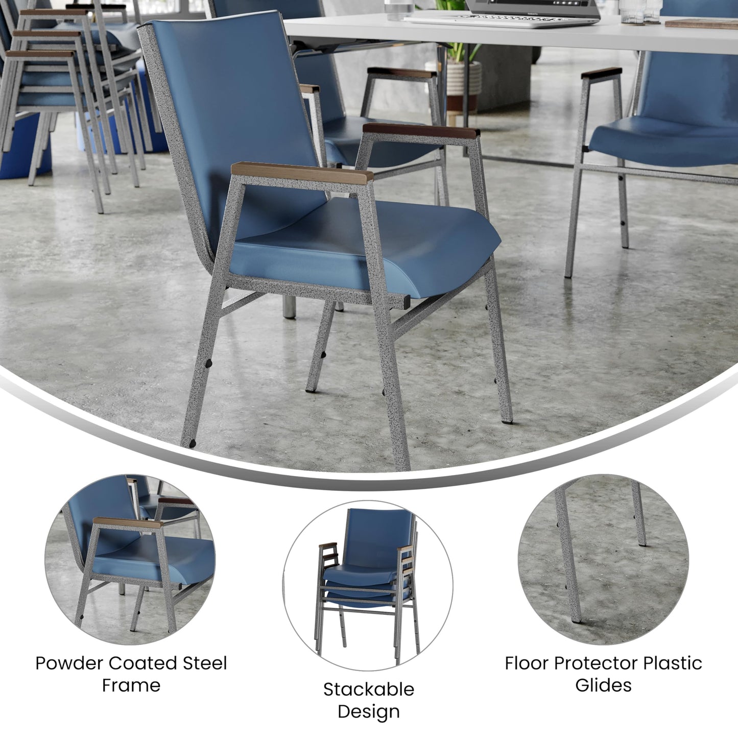 Flash Furniture Hercules Series Heavy Duty Navy Vinyl Stack Chair with Arms and Ganging Bracket