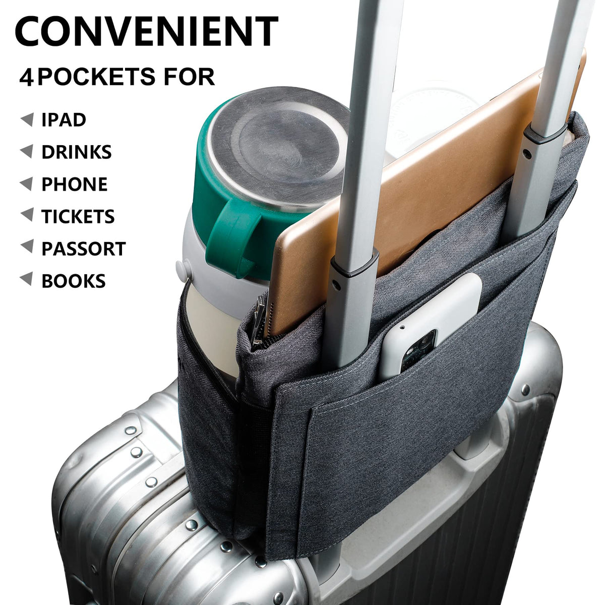 riemot Luggage Travel Cup Tablet Holder - Hold Books Passports Tickets Water Bottles - Fits Roll on Suitcase Handles - Gifts for Flight Attendants Travelers Accessories Grey