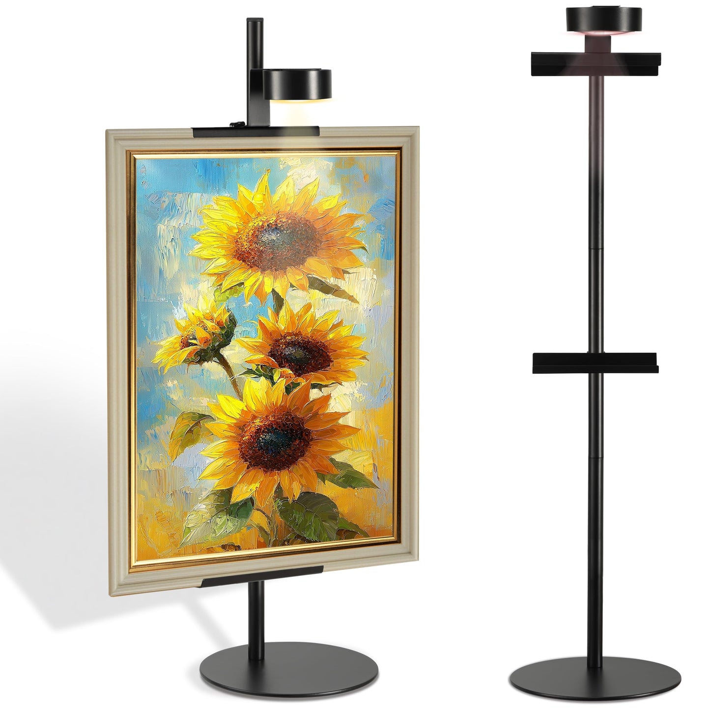 Adjustable Desktop Photo Frame Stand with Magnetic Wall Painting Light, Holds Picture Frames up to 30 Inch,with Rechargeable Battery,Metal Vertical Stand with 3 Color Temperature & 13RGB Poster Lights, for Displaying Picture Frames, Artworks (1 Pack,Black