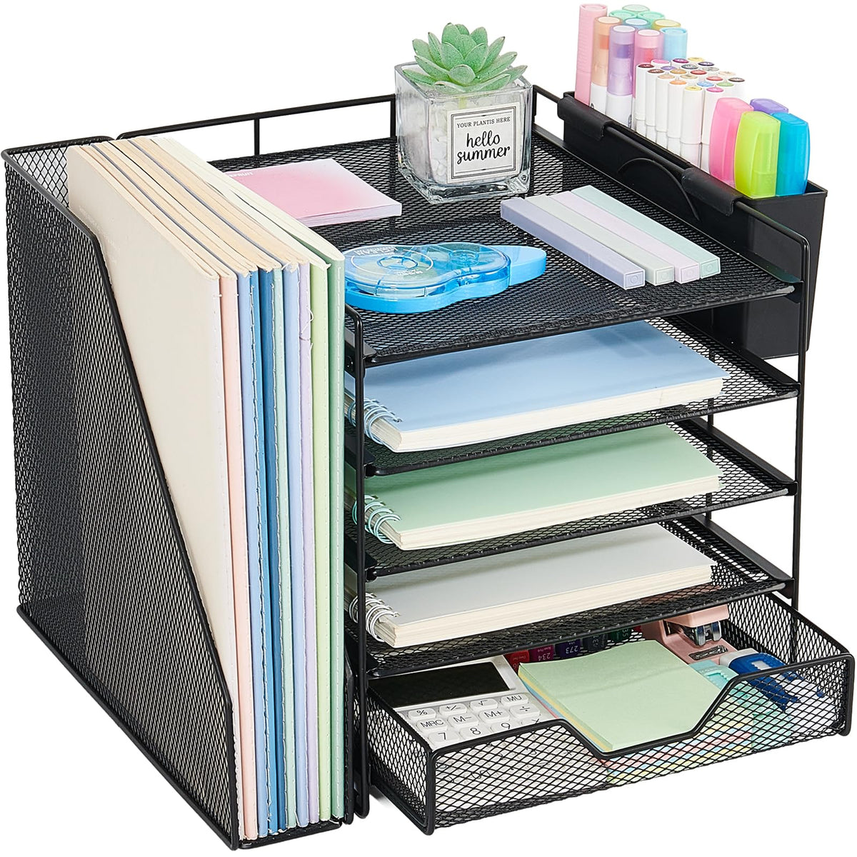 Gugsey Desk Organizer, 5-Tier Paper Letter Tray Organizer with File Holder, Drawer and Pen Holder, Desktop Organizer for Office Supplies, Black