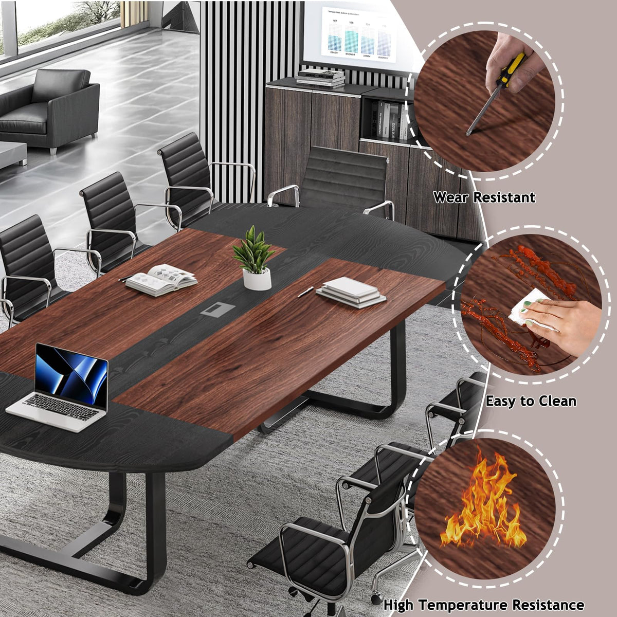 8FT Conference Table, 94.5" D x 47.3" W x 29.5" H Oval Meeting Table with Rectangle Grommet, Modern Seminar Boardroom Table for Office Conference Room (8ft, Walnut & Black)
