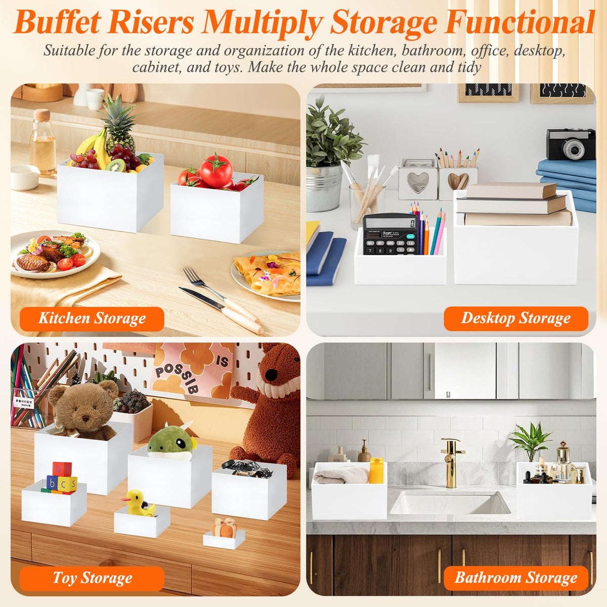 6 Pcs White Acrylic Buffet Risers with Mini Sign and Maker, Food Display Stands for Buffet Table Party Catering Dessert Jewelry Collectibles,Nesting Cube Boxes with Hollow Bottoms (8",7",6",5",4",4")