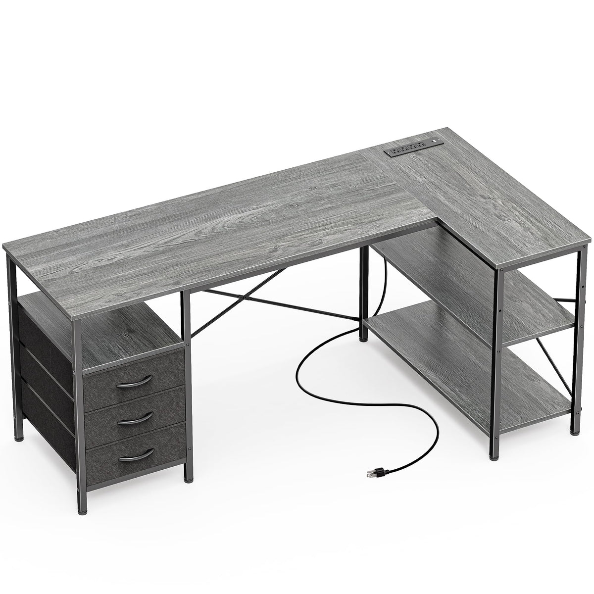 Huuger L Shaped Office Desk with Power Outlets, 55 Inch Computer Desk with 3 Drawers, Shelves, Reverisble for Gaming Corner Work Home Office Study, Grey