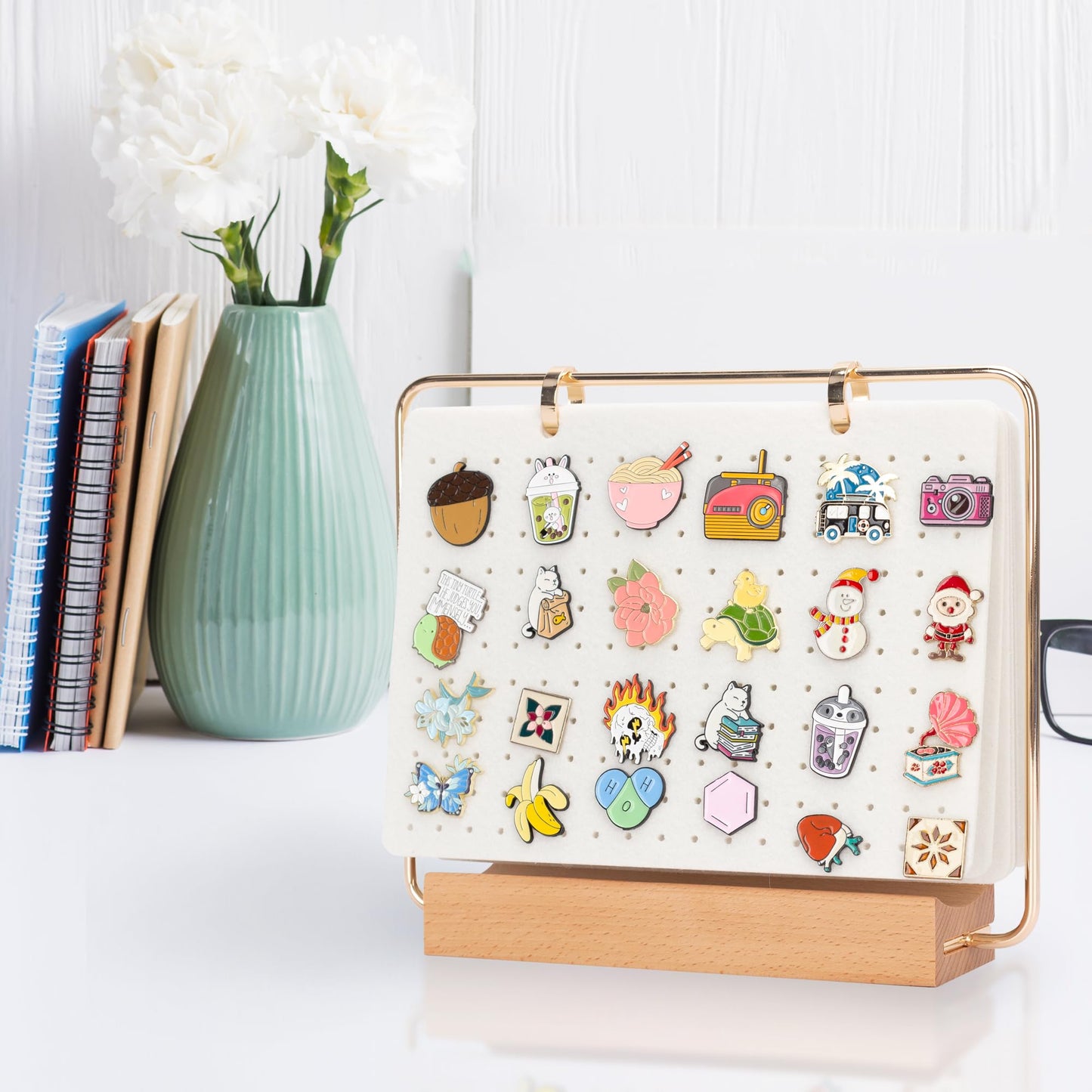PACMAXI Display Organizers, Brooch Holder, Enamel Pin Pages for Store 180+ Pins, Collection Storage Calendar Wooden Stand With 6 Pages (Not Include Any Accessories) (White)