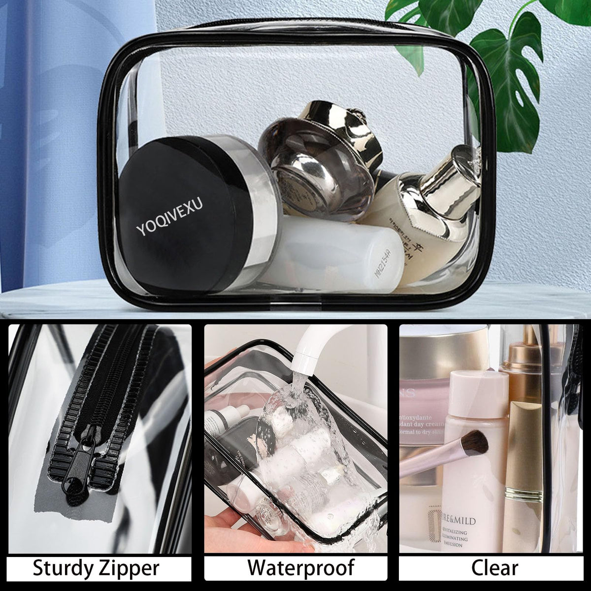 YOQIVEXU 6 Pieces Clear Cosmetics Bag Bulk, TSA Approved Toiletry Bag for Travel, PVC Zippered Clear Pouch Cosmetic Makeup Bag Waterproof Vinyl Plastic Organizer Case for Vacation Bathroom (Large)