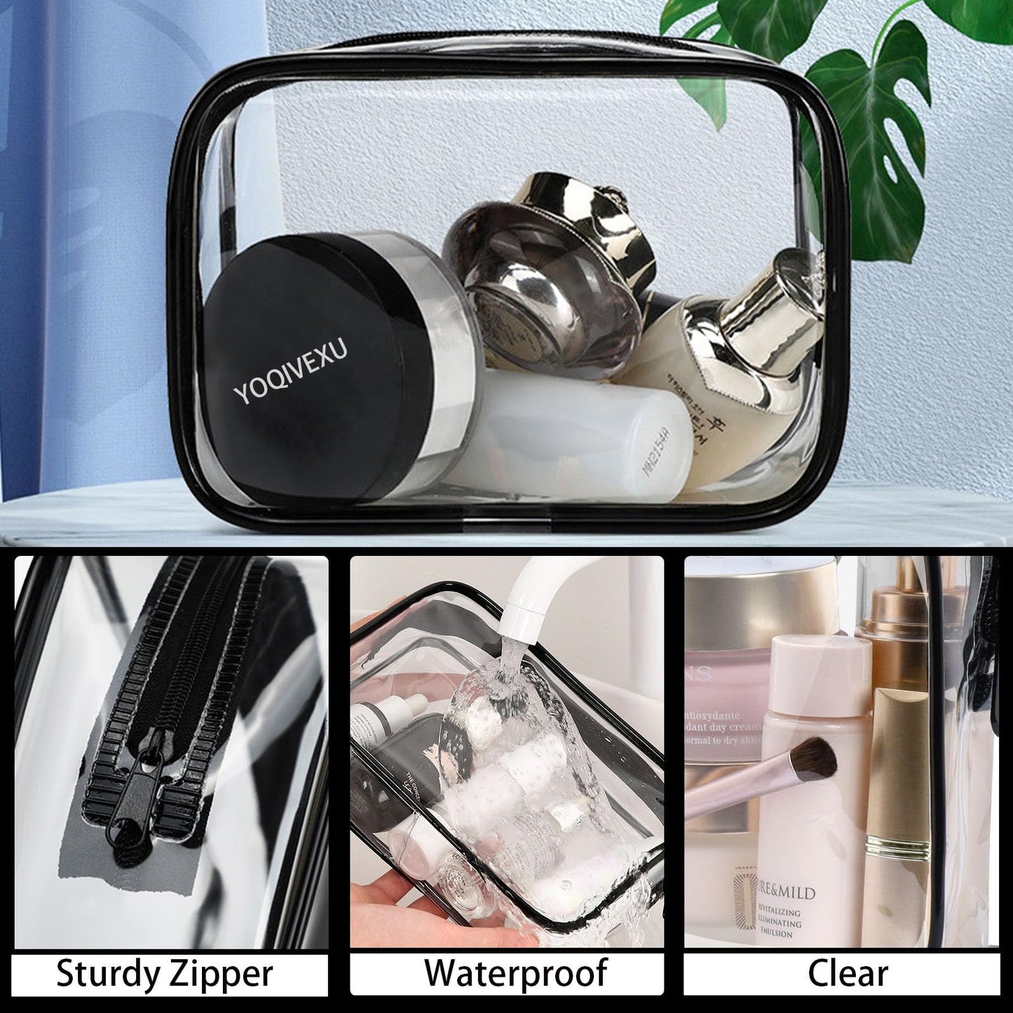YOQIVEXU 6 Pieces Clear Cosmetics Bag Bulk, TSA Approved Toiletry Bag for Travel, PVC Zippered Clear Pouch Cosmetic Makeup Bag Waterproof Vinyl Plastic Organizer Case for Vacation Bathroom (Large)