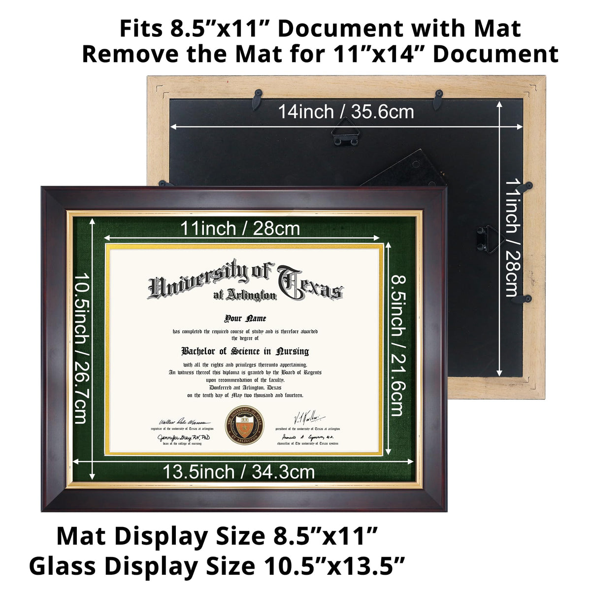 GMFrames 8.5x11 Wood Diploma Frame with Green Mat or Display 11x14 Certificates without Mat,Tempered Glass,Deep Brown Finish with Gold Trim
