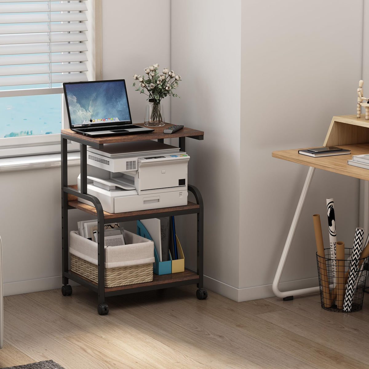 Fannova Printer Table Stand with Height Adjustable Shelf, 3 Tier Rolling Printer Cart with Wheels for Home Office Storage and Organization, Industrial Style