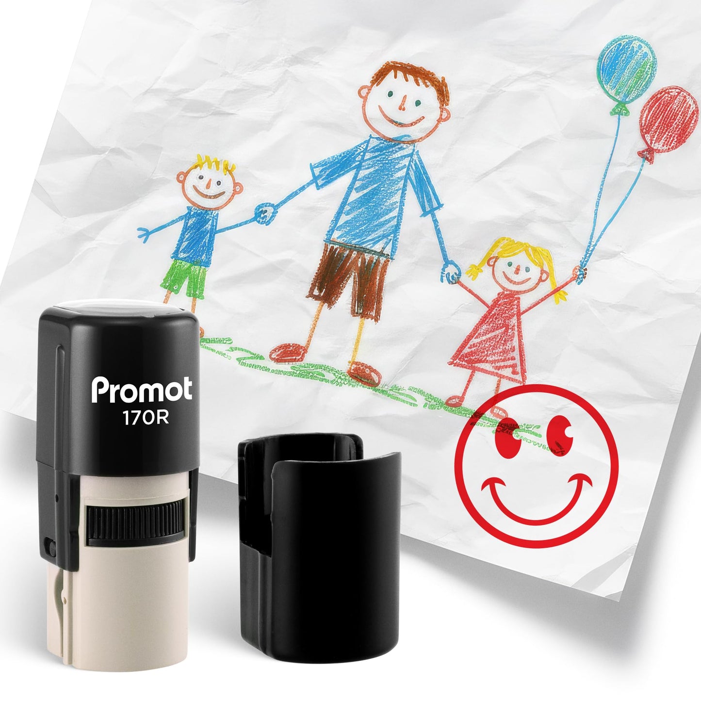 Promot - Self-Inking Stamps for Teachers, Round Rubber Stamp for Grading & Feedback, Quick-Dry Ink Stamps, Clear Imprint, Refillable Classroom Stamp & No-Mess Design (Smiley Red)