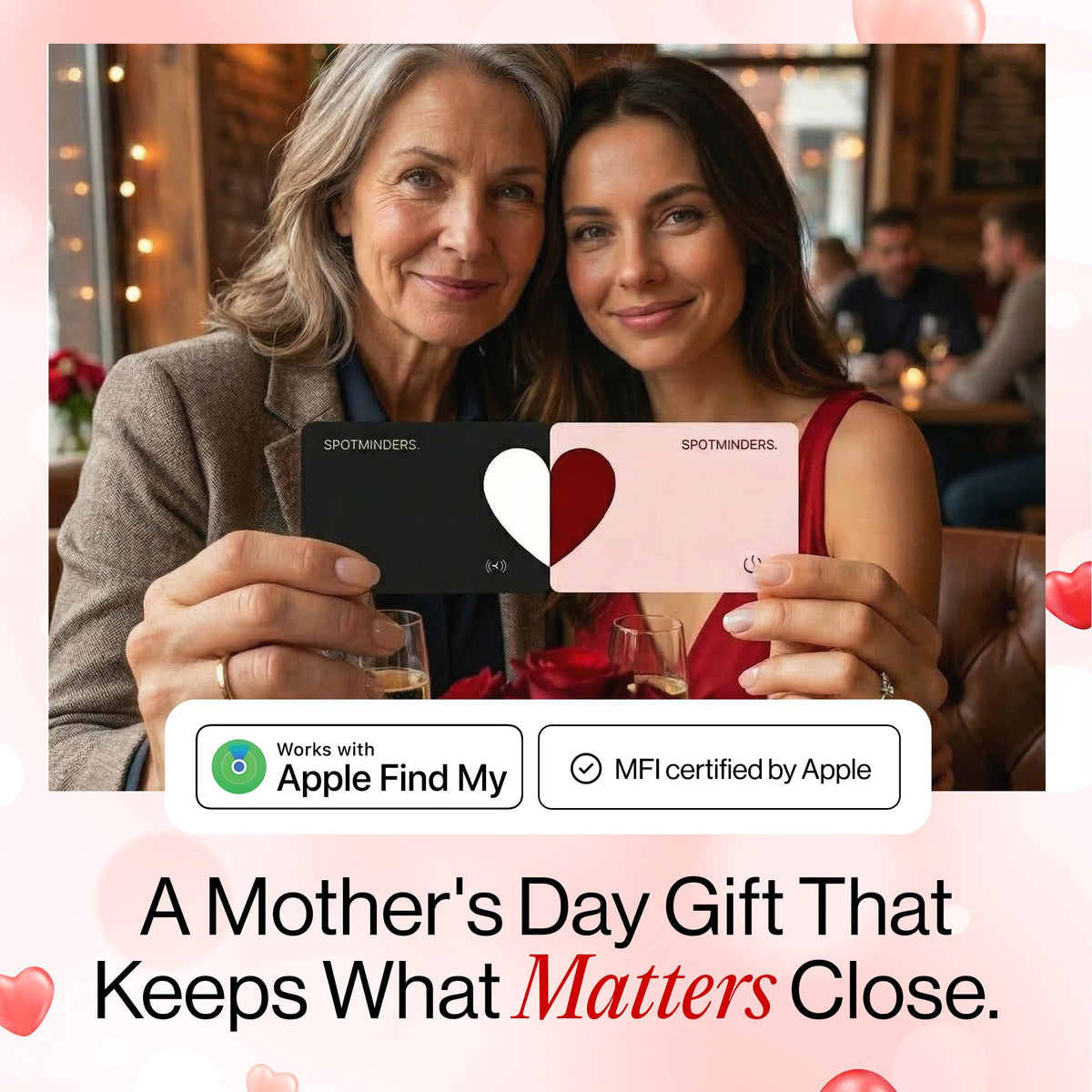 SPOTMINDERS Apple MFi Certified Wallet Tracker 2-Pack Black & Pink (iOS Only) Gifts for Mom 0.07in Works with Apple Find My Rechargeable Tracking Card Slim Item Finder for Mother's Day or Anniversary