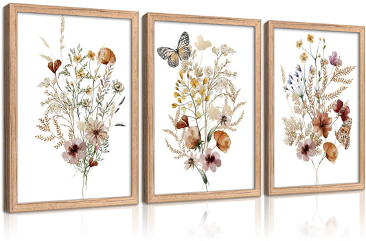 3 Pieces Vintage Wildflowers Canvas Wall Art Butterfly Flower Painting Picture Wall Decor Colorfull Boho Minimalist Poster Print Artwork for Living Room Bedroom Office Home Decoration Framed