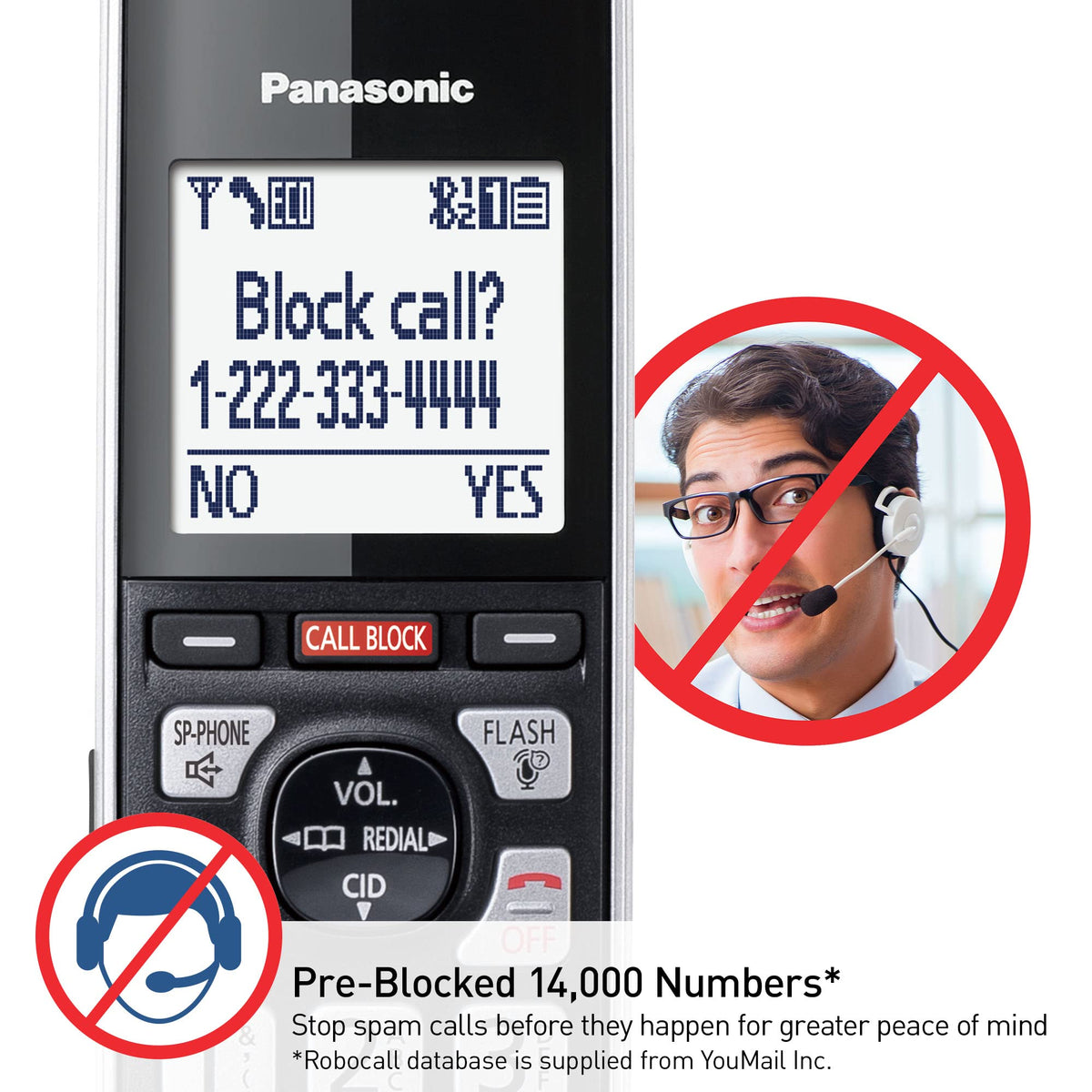 Panasonic Cordless Phone with Advanced Call Block, Link2Cell Bluetooth, One-Ring Scam Alert, and 2-Way Recording, Answering Machine, 5 Handsets - KX-TGF975B (Black/Silver Trim)