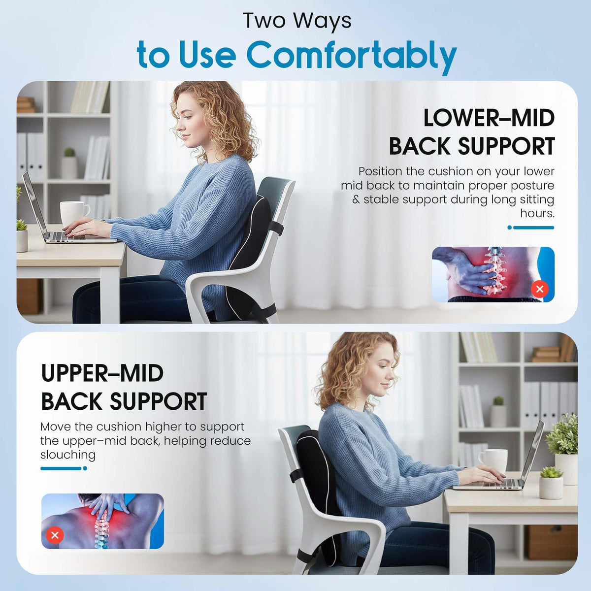 RUKHS SUPPLY Lumbar Support Pillow for Office Chair and Car, Premium Memory Foam Back Cushion for Back Pain Relief Improve Posture Ergonomic Cushion with Breathable Mesh Cover and Adjustable Straps