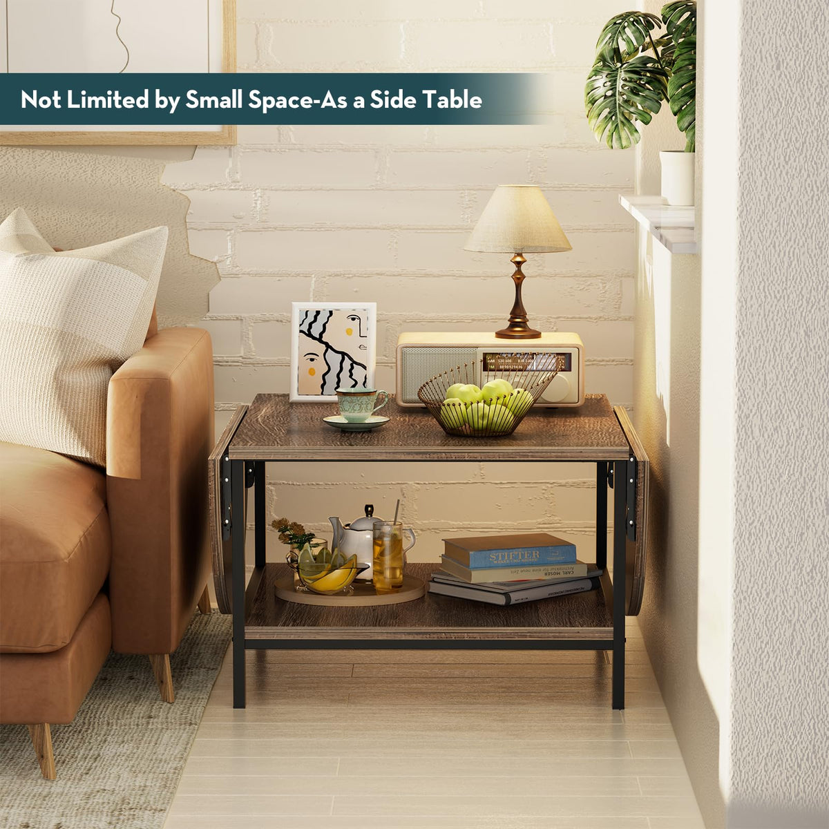SAYGOER Folding Coffee Table for Living Room, Small Coffee Tables with 2-Tier Storage, Mid Century Modern Center Table for Small Space, Oval Farmhouse Table Square, Dark Brown