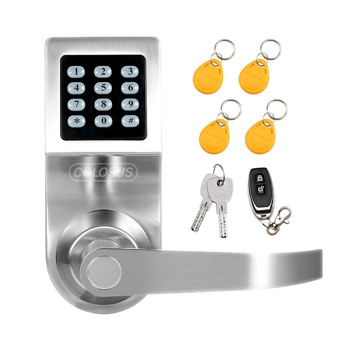 Electronic Smart Door Lock, Keyless Entry with Keypad, Key Fobs, Remote Control, Keys for Home, Office or Commercial, Silver NDL302