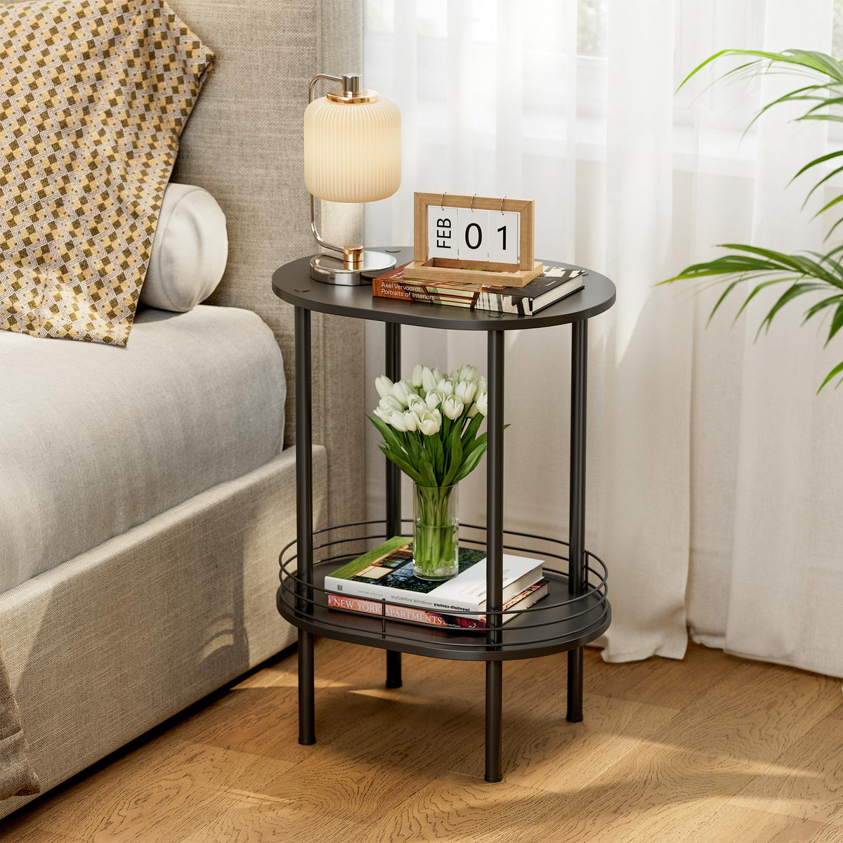Small Modern Oval Side Table with Storage,2-Tier Side Tables Living Room,Sturdy Nightstand for Small Space - Living Room, Bedroom, Bathroom, Nursery,（1 PC,Black）