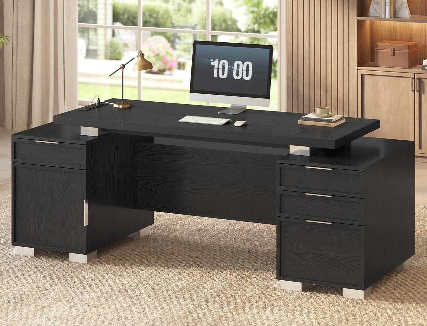 ANGRYWIN 80.6" Executive Desk with Power Outlet and File Drawer, Modern Home Office Desk with 3 Large Cabinets and Privacy Panel, Business Furniture for Home Office, Living Room, Black