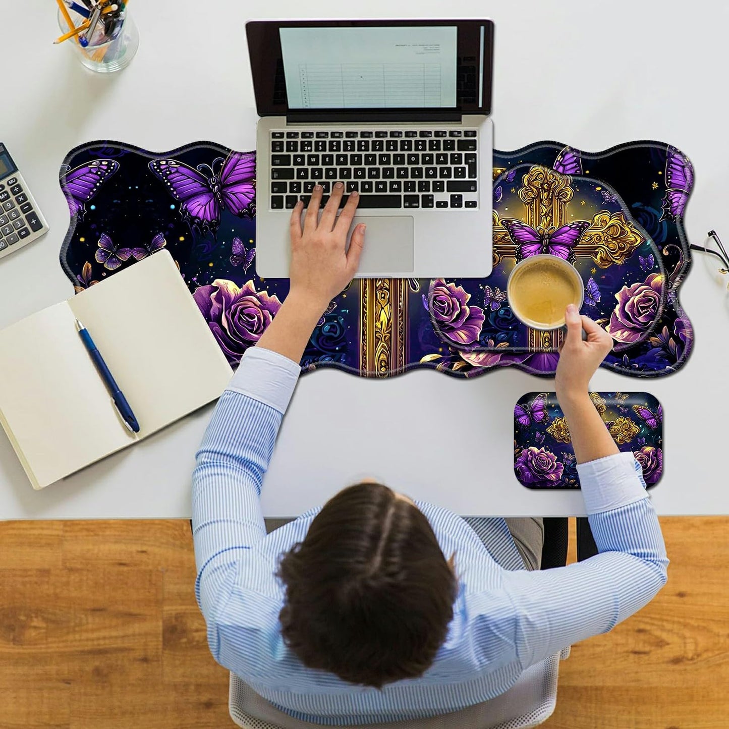 RWUTYTIUL 3-Piece Ergonomic Desk Mat & Cloud Wrist Rest Set, Large 31.5" x 11.8" Wave Office Desk Pad with Memory Foam Support Non-Slip Computer Protector for Home, Gaming, Purple Butterfly Cross