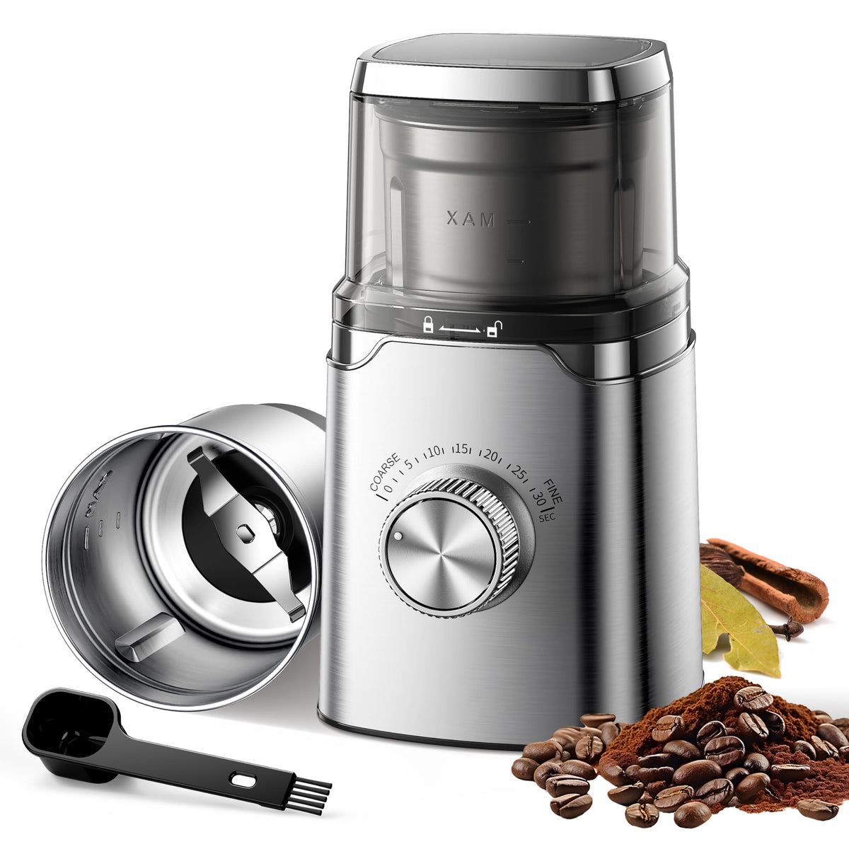 SHARDOR Electric Blade Coffee Grinder, Timed Grind Control Rotary Knob, All-stainless steel shell,Adjustable,for Coffee Beans, Spices & Herbs, with 1 Removable Stainless Steel Bowl,Sliver