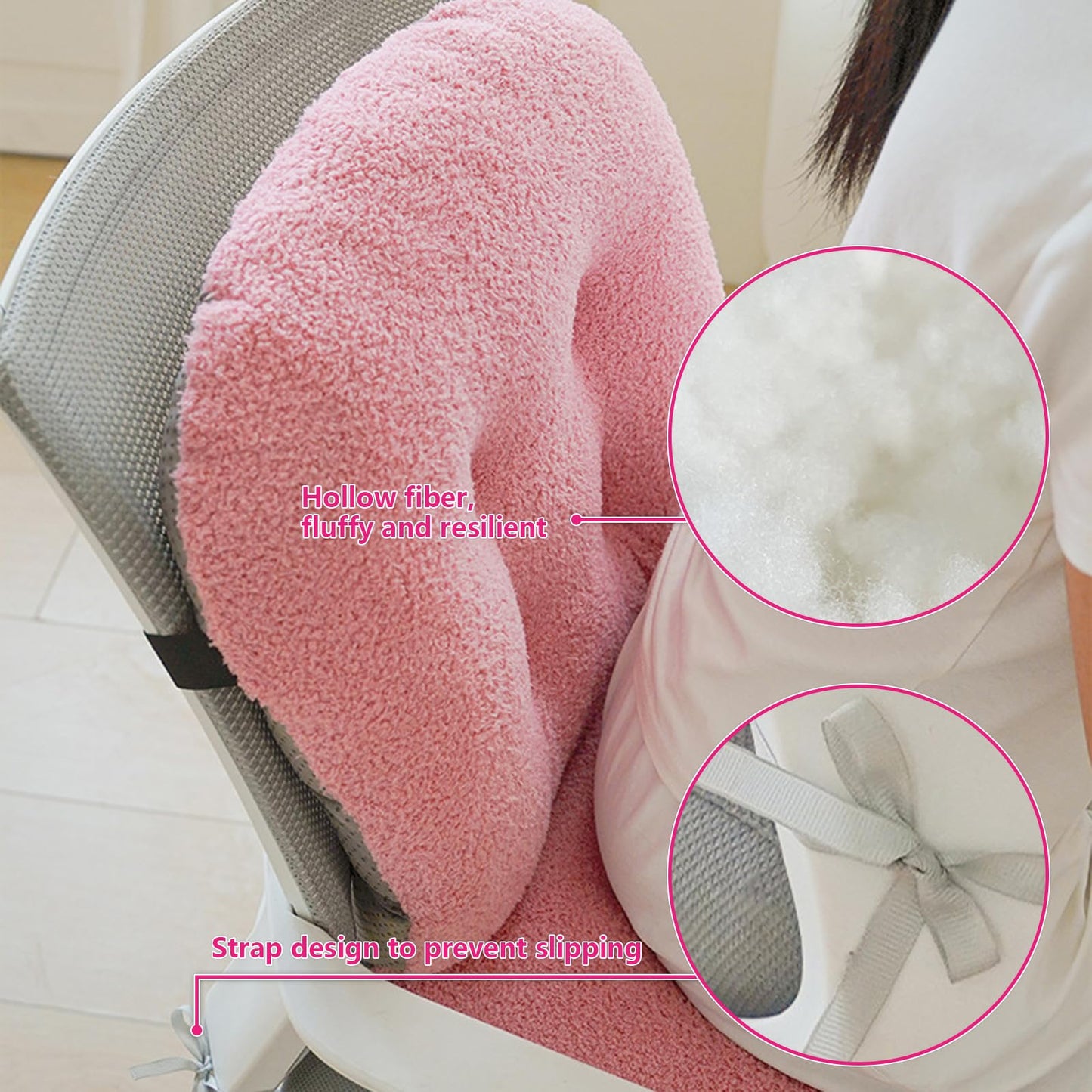 DSHFKLX Pink Chair Cushion Non-Slip Desk Chair Cushions with Back Support Soft Plush Office Seat Pad with Ties Rocking Chairs Cushion for Office Car Home Dining Room Kitchen