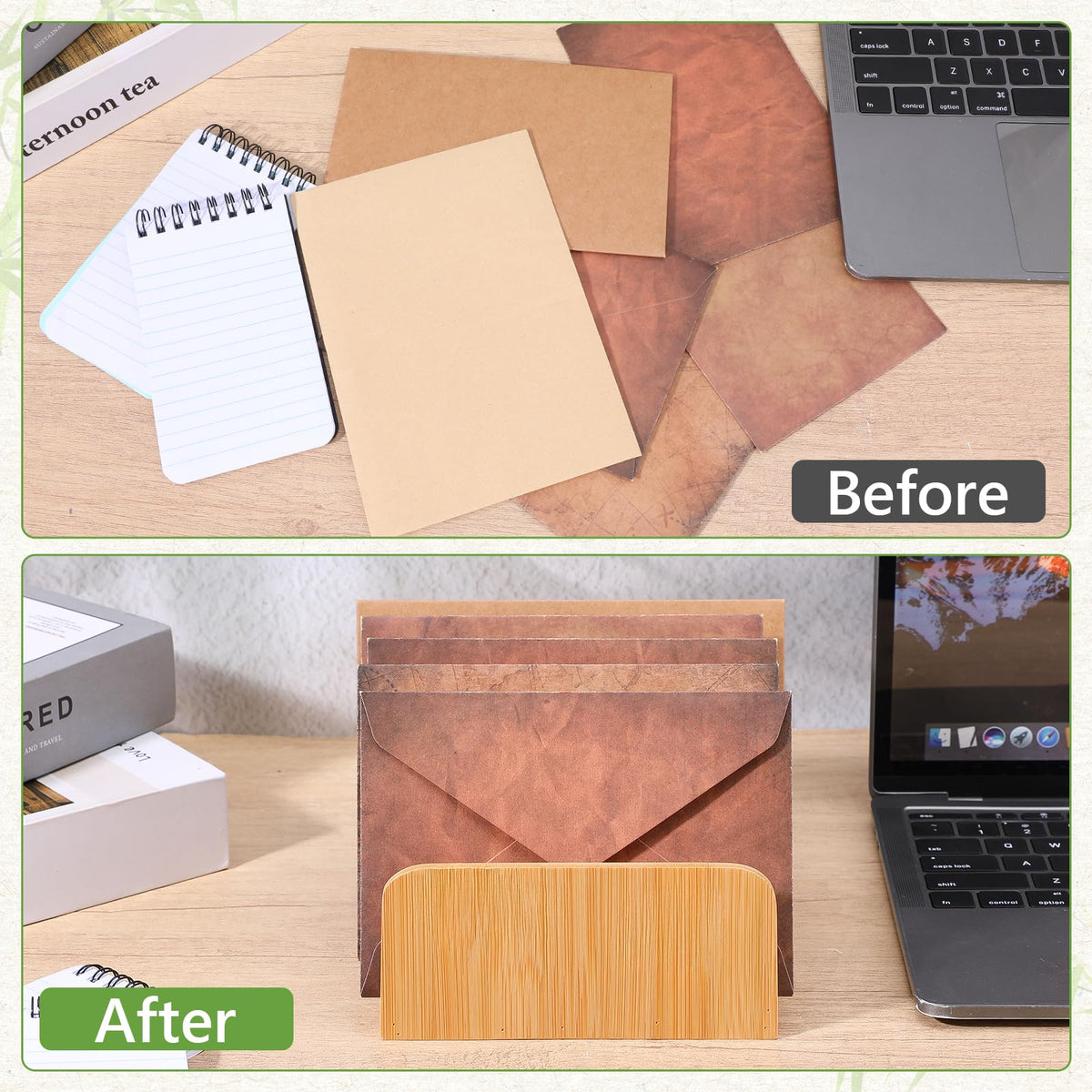 Kifmurase 2Pcs Desk Mail Organizer with Divider, Bamboo File Holders, Vertical Letter Sorter for Desktop, Countertop Paper Organizer, 5 Compartments Envelope Holders for Bill, Document, Notebook