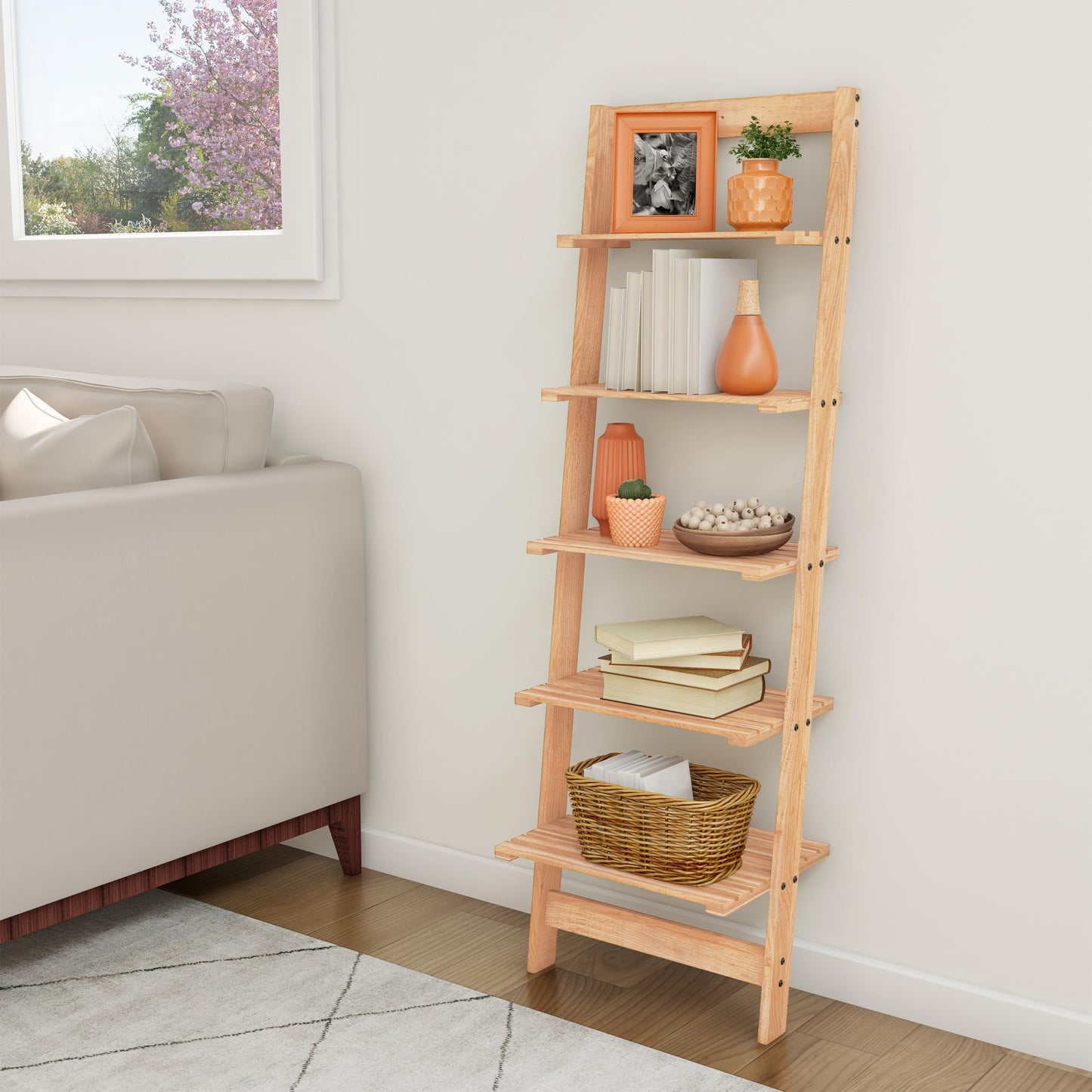 5-Tier Ladder Shelf - 50-Inch Narrow Leaning Bookshelf - Wooden Bookcase for Living Room, Bathroom, Kitchen, Office, or Bedroom Furniture by Lavish Home (Oak)