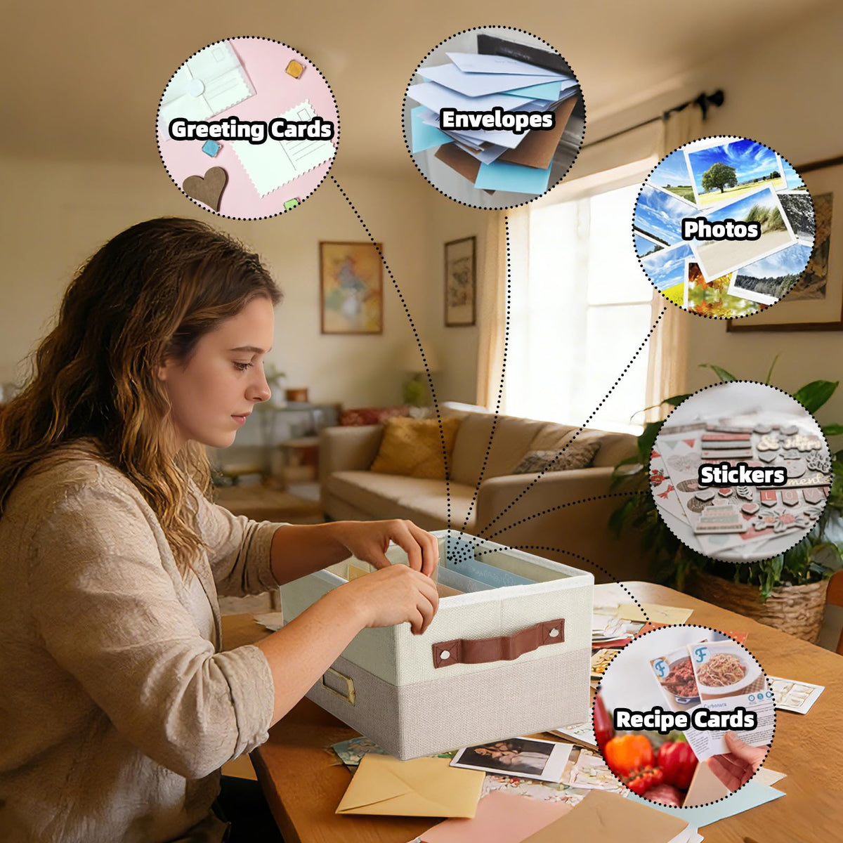 Remowith Greeting Card Organizer, Linen Storage Box with 20 Removable Dividers, 84 Labels & 1 Marker, Perfect for Greeting Cards, Photos, Envelopes, Stickers, Postcards, Beige&Khaki