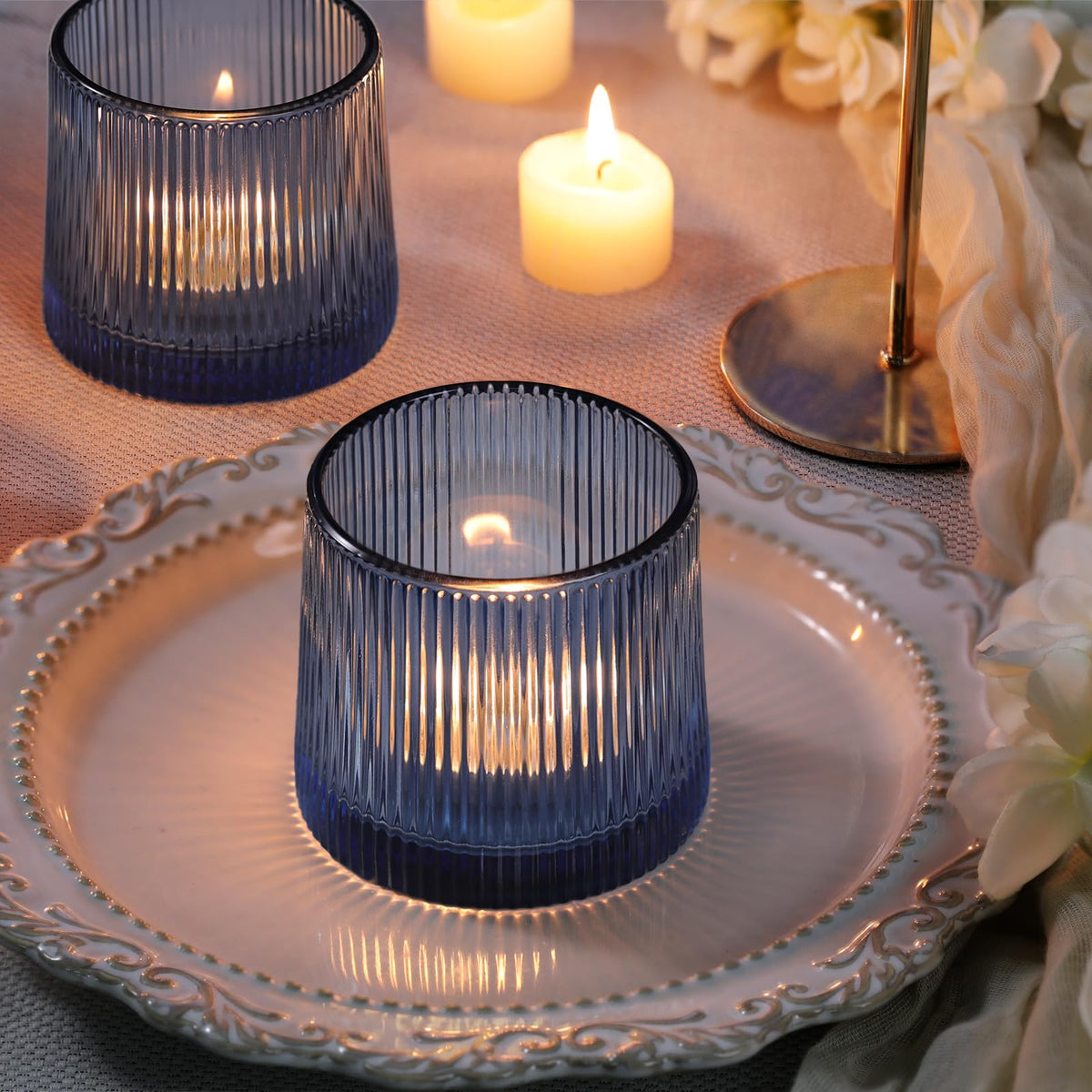DARJEN Blue Ribbed Tealight Votive Candle Holders Set of 10- Votive Candle Holders for Table Centerpiece, Tea Light Candle Holder Glass for Wedding and Home Decor, Blue Decor and Gifts