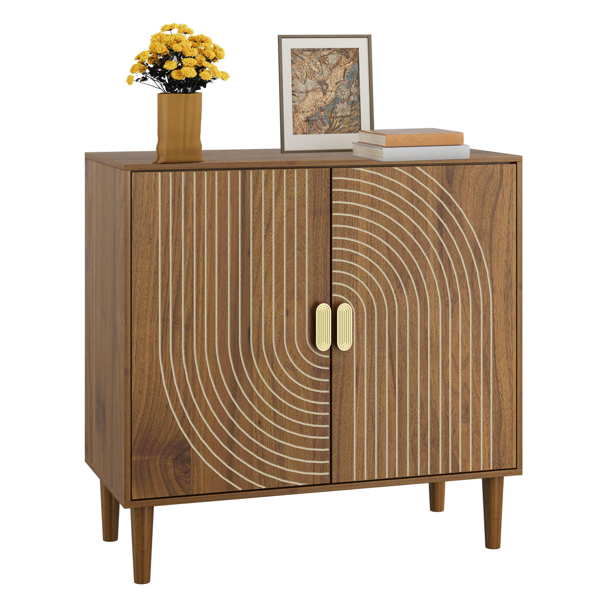 Smuxee Walnut Sideboard Cabinet, Freestanding Buffet Cabinet with Line Groove Design, Wood Storage Cabinet with Adjustable Shelf for Living Room, Entryway, Hallway