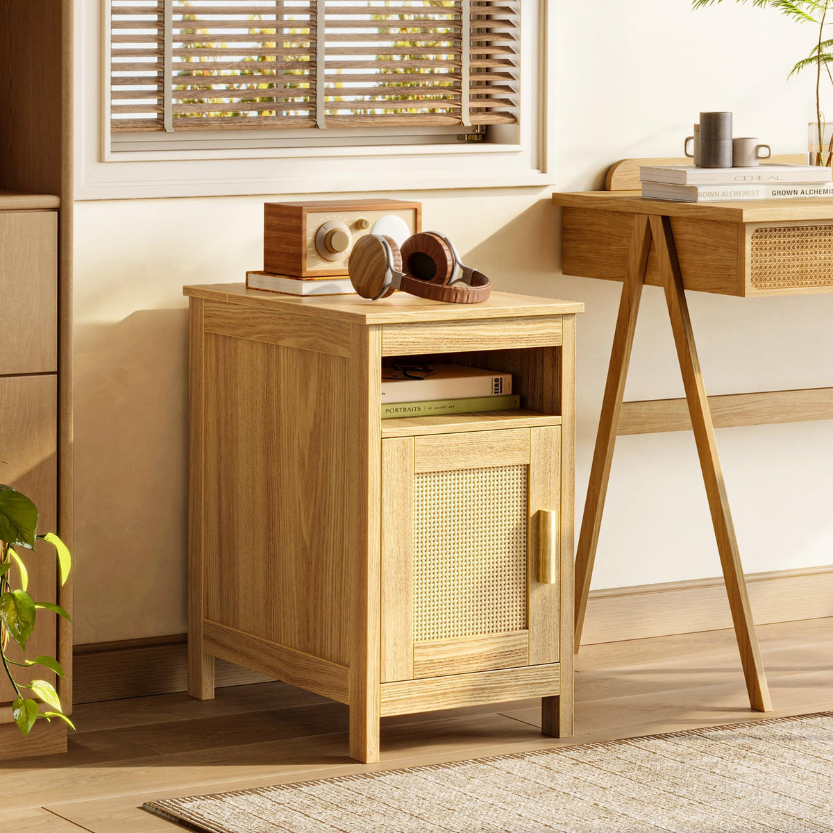 Huuger Narrow Night Stand, End Table with Charging Station, USB-C Port, Rattan Side Table with Cabinet and Open Shelf, Synthetic Rattan, for Small Spaces, Bedroom, Natural Wood