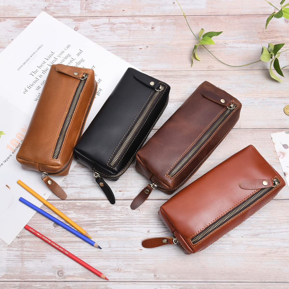 WONDERPOOL Pen Case Real Leather Pencil Pouch Markers Holder Big Capacity Bag with Side Zippered Pocket Sleeve for Stationery Makeup Utensils Organizer (Coffee)