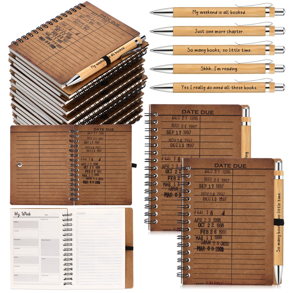 Resurhang 10 Sets Book Club Gifts Journal A6 Library Due Date Spiral Notebooks Planners with Bamboo Pens to Do List Reading Journals Gifts for Women Teacher Reader Student Librarian