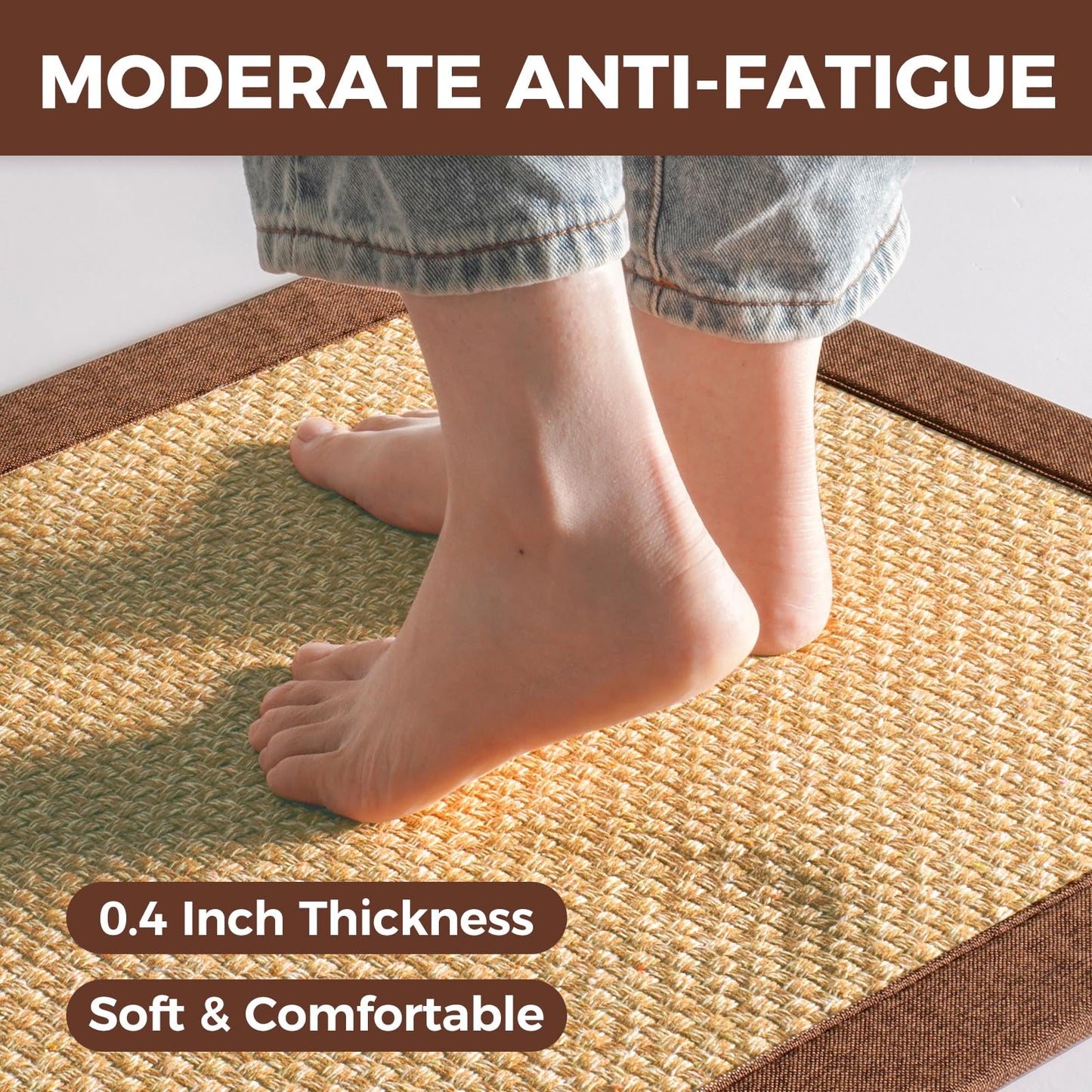 YDKGL Anti Fatigue Kitchen Rugs Mat Non Slip Washable, 0.4" Thick Soft Cushioned Absorbent Kitchen Mats for Floor, Jute-Like Woven Laundry Standing Mats Sink Mat, Easy Clean Care, Brown 17"x30"