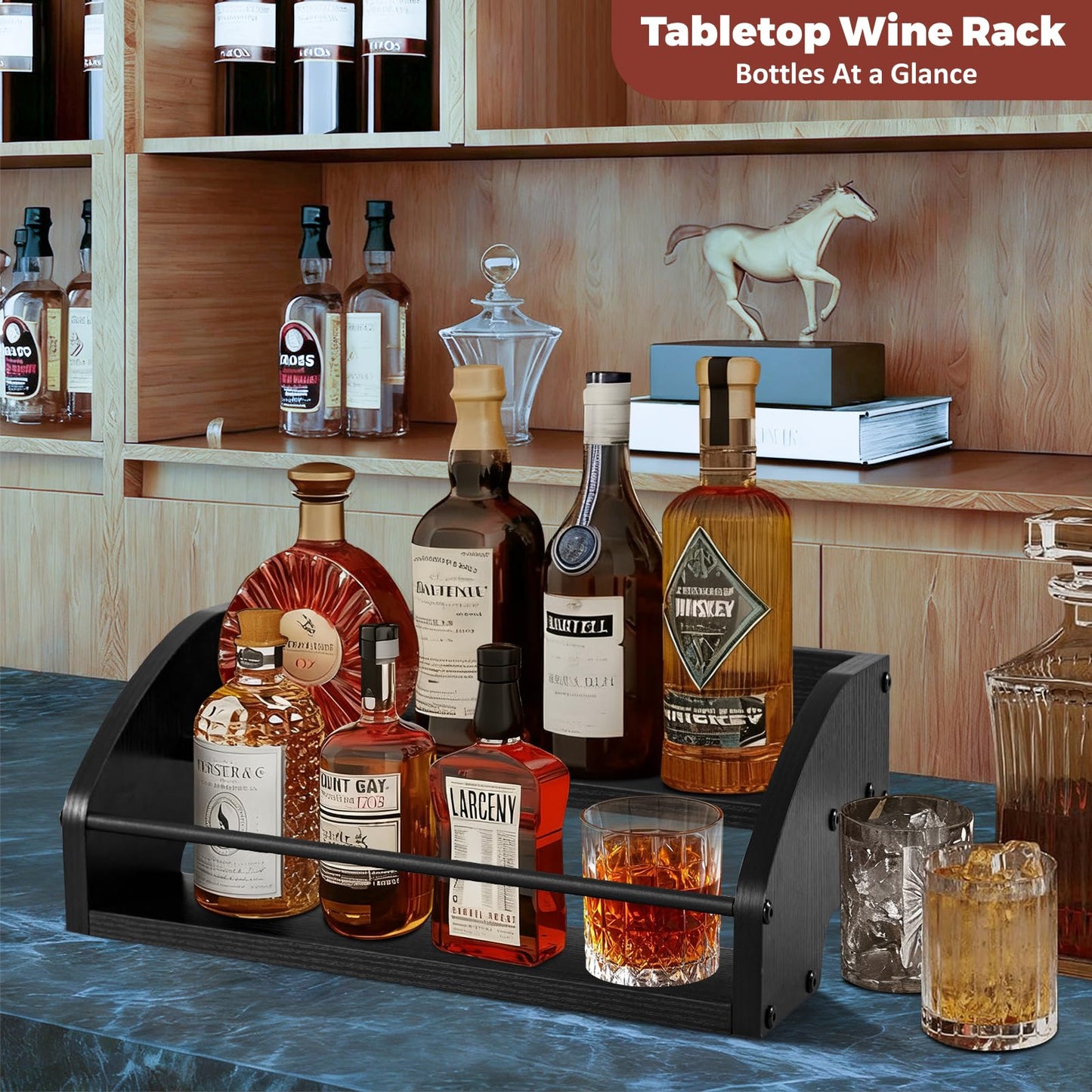 Wooden Liquor Bottle Display Shelf, Coffee Syrup Rack Organizer, 2 - Step Countertop Wine Rack, Rustic Mini Bar Cabinet, Home Retro Bar Shelf Stand for Liquor Whiskey, Spirits (Black)