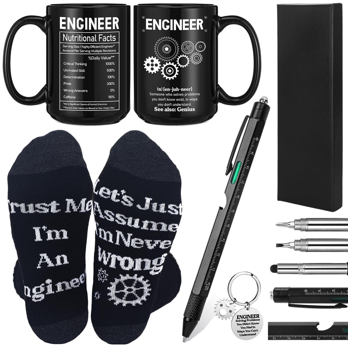Panitay Engineer Gifts Set for Men 9 in 1 Multi Tool Pen 14 oz Engineer Coffee Mug Keychain Sock Gadget Birthday Retirement Employee Spirit Month Gift for Father Mechanical Electrical