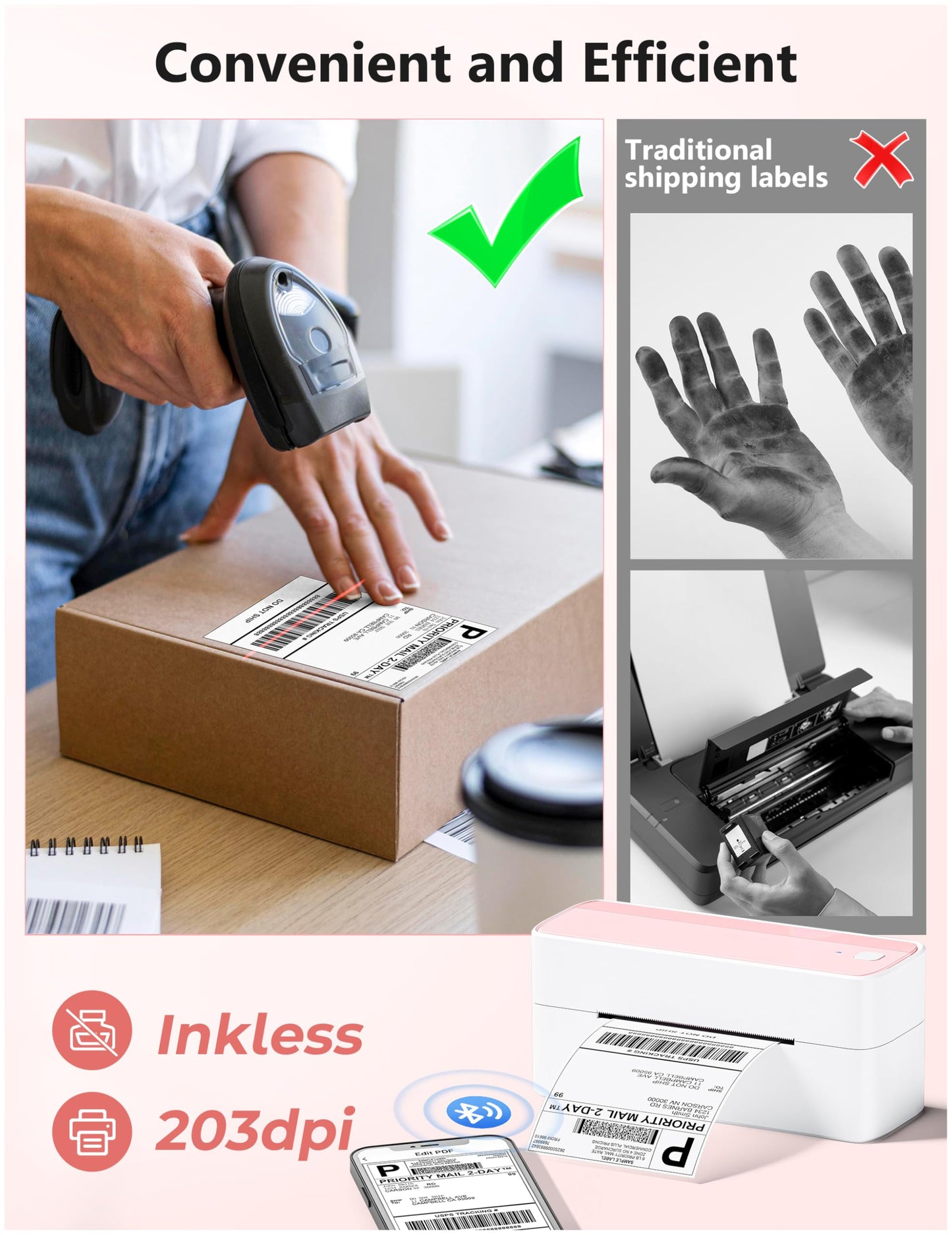 Phomemo Bluetooth Thermal Label Printer, 241BT 4X6 Wireless Shipping Label Printer for Small Business, Pink Labels Printers for Shipping Package, Compatible with iPhone, Android, Shopify, Amazon, USPS