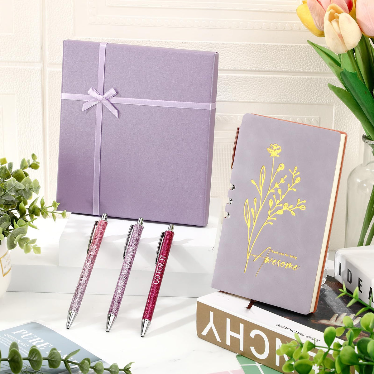 Sayglossy Thank You Gift Set for Volunteers Teacher Appreciation Week A6 Leather Journal Notebook Pen with Present Box Appreciation Gift for Employee Staff Teacher Nurse(Purple,Thank You)
